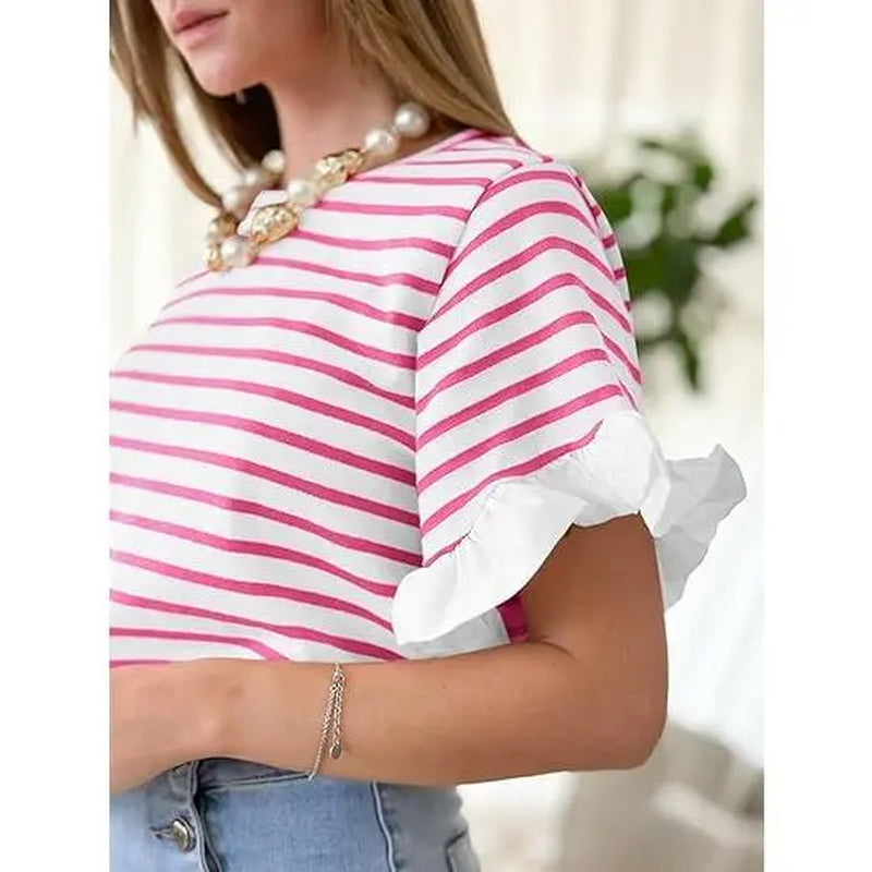 Imily Bela Women Striped Tops Ruffle Sleeve Casual Basic T Shirts Crewneck Short Sleeve Shirt Summer Outfit