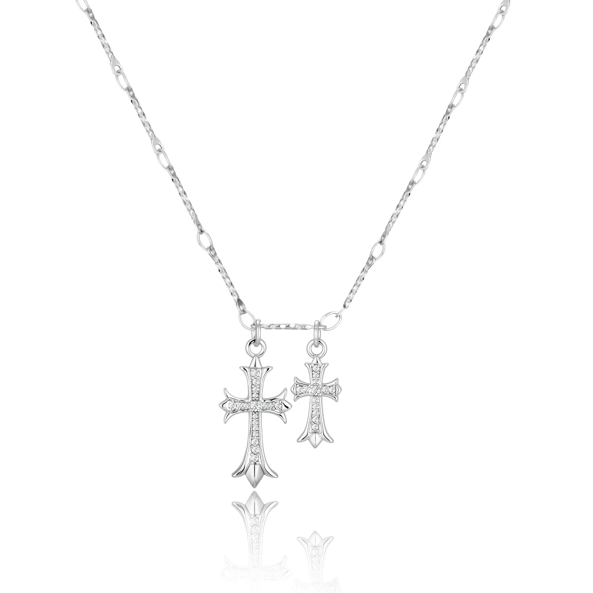 14K Gold Plated Double Cross Pendant Necklace with Cubic Zirconia Dainty Bamboo Link Chain Choker Delicate Faith Jewelry Religious Gifts for Women Men