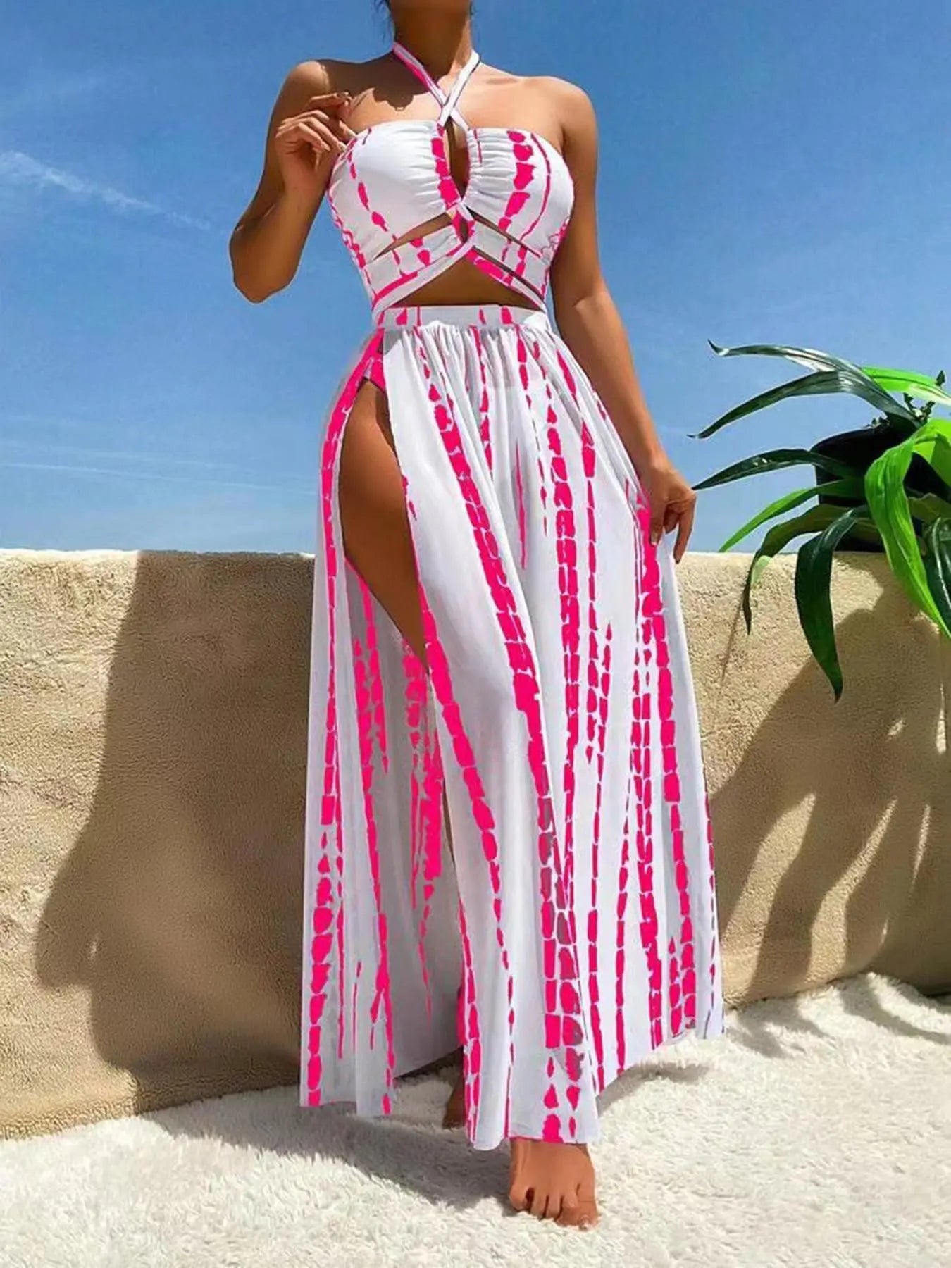 Three-Piece Set Women'S Tie Dye Print Criss Cross Swimsuit Set, Boho Halter Neck Swim Bra & Split Thigh Cover up Skirt & High Cut Swim Panty Set, Ladies Bikini Set for Summer Beach