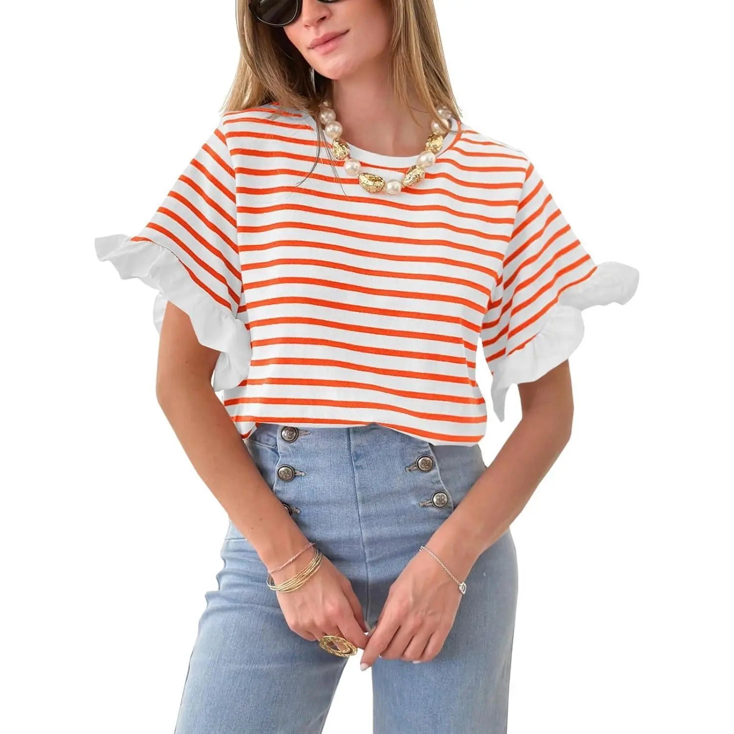 Imily Bela Women Striped Tops Ruffle Sleeve Casual Basic T Shirts Crewneck Short Sleeve Shirt Summer Outfit