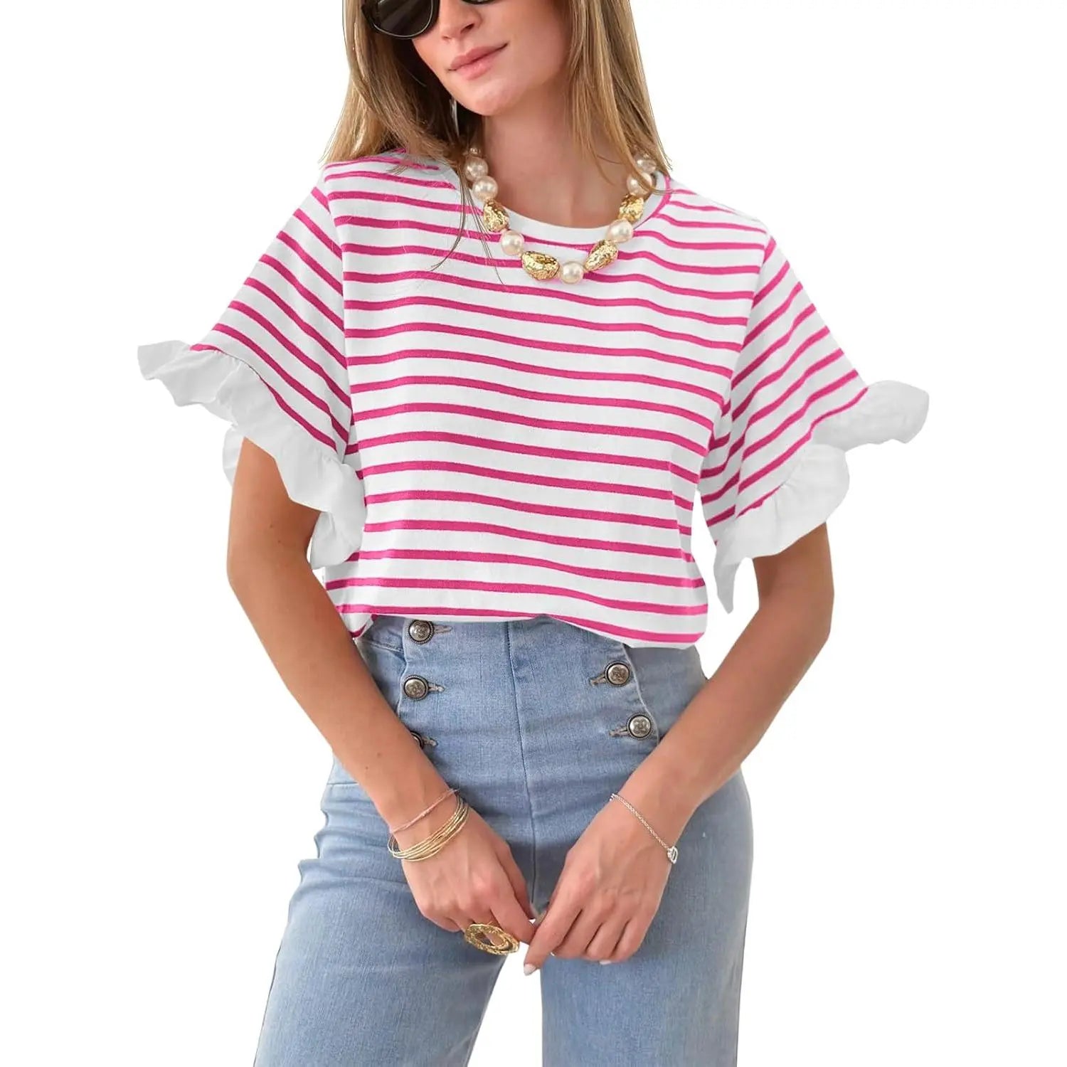 Imily Bela Women Striped Tops Ruffle Sleeve Casual Basic T Shirts Crewneck Short Sleeve Shirt Summer Outfit