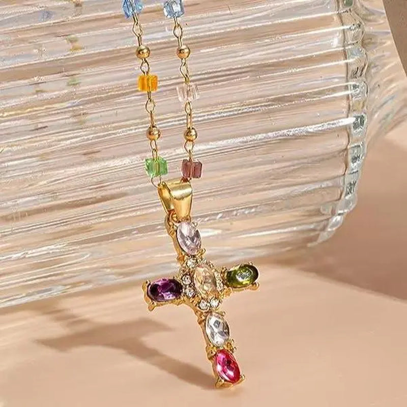 Rainbow Cross Pendant Necklace Colorful Shiny Rhinestones Charm Necklace Dainty Faith Cross Pendant Necklace Faith Christian Costume Accessories Jewelry for Women