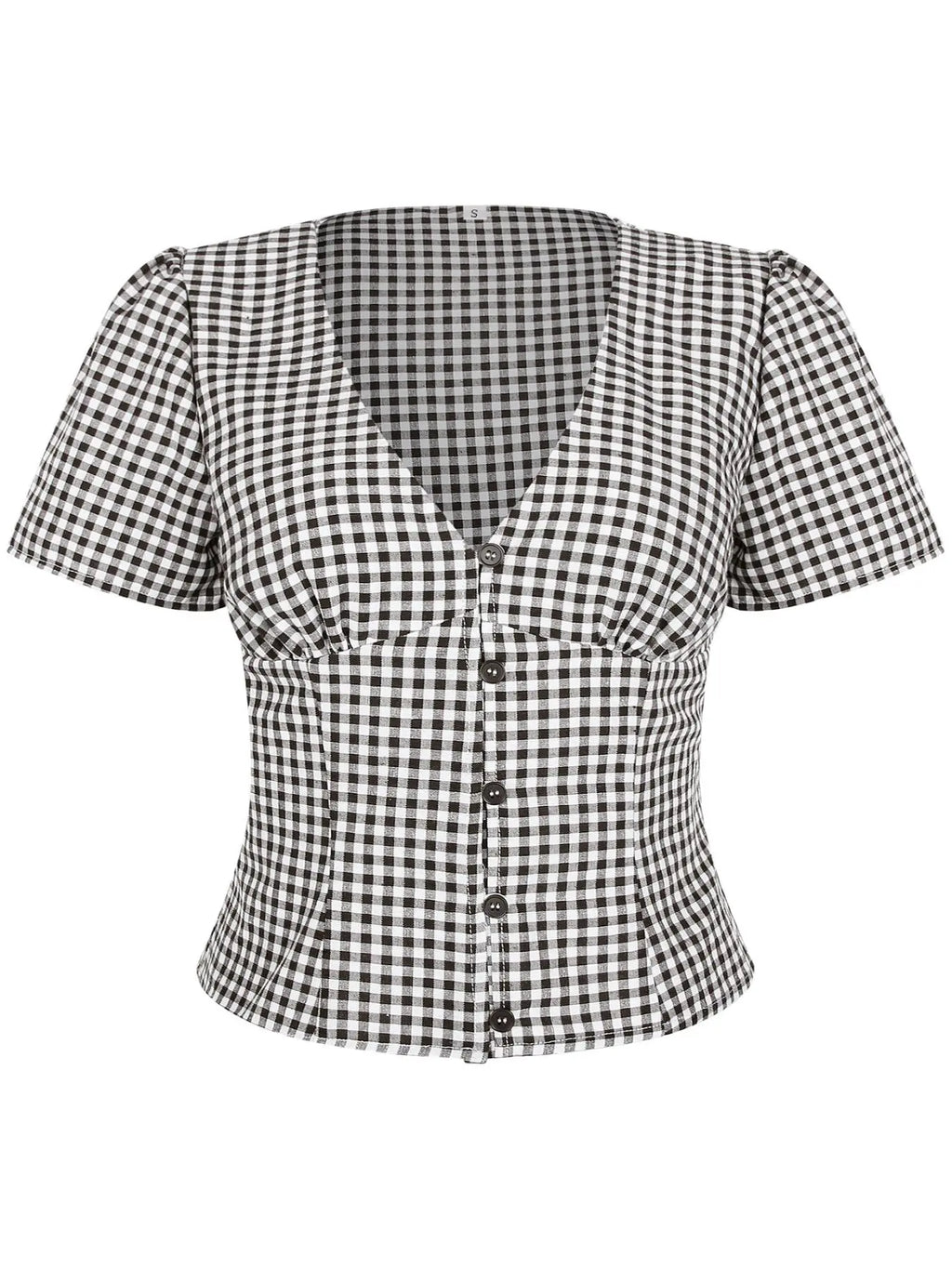 Short Sleeve Gingham V-Neck Blouse for Women, Slim-Fit Button-Up Top, Stylish Summer Wear for Ages 25-34, Moderate Fabric Thickness