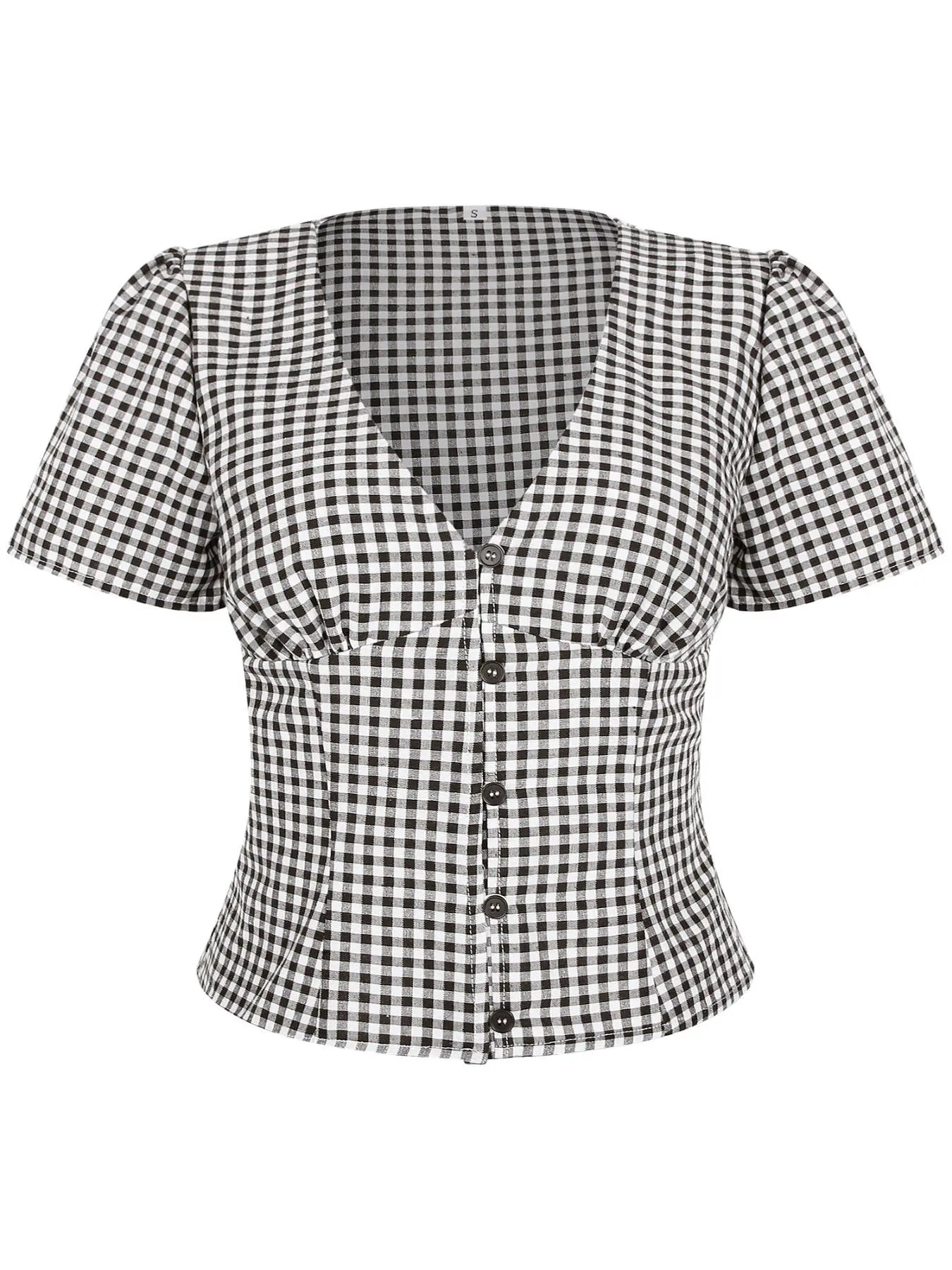 Short Sleeve Gingham V-Neck Blouse for Women, Slim-Fit Button-Up Top, Stylish Summer Wear for Ages 25-34, Moderate Fabric Thickness