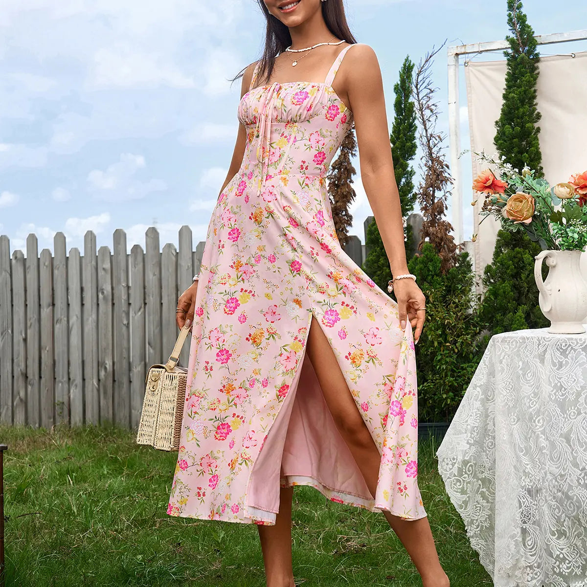 Backless Tie Front Boned Split Print Bodycon Dress, Dresses for Summer Vacations and Casual Outings