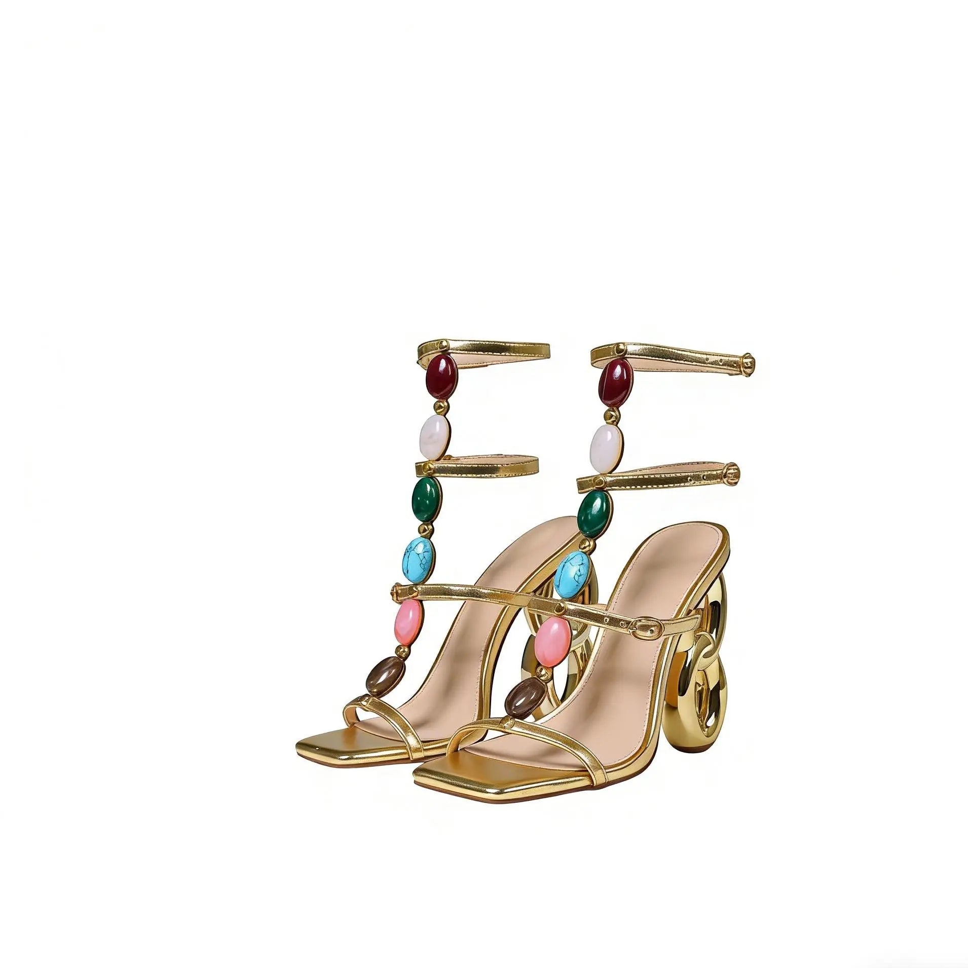 Women'S Gold High Heeled Sandals with Unique Sculpted 8-Shaped Heel, Colorful Gemstone Decor & Square Toe, Sexy Fashion Party Shoes