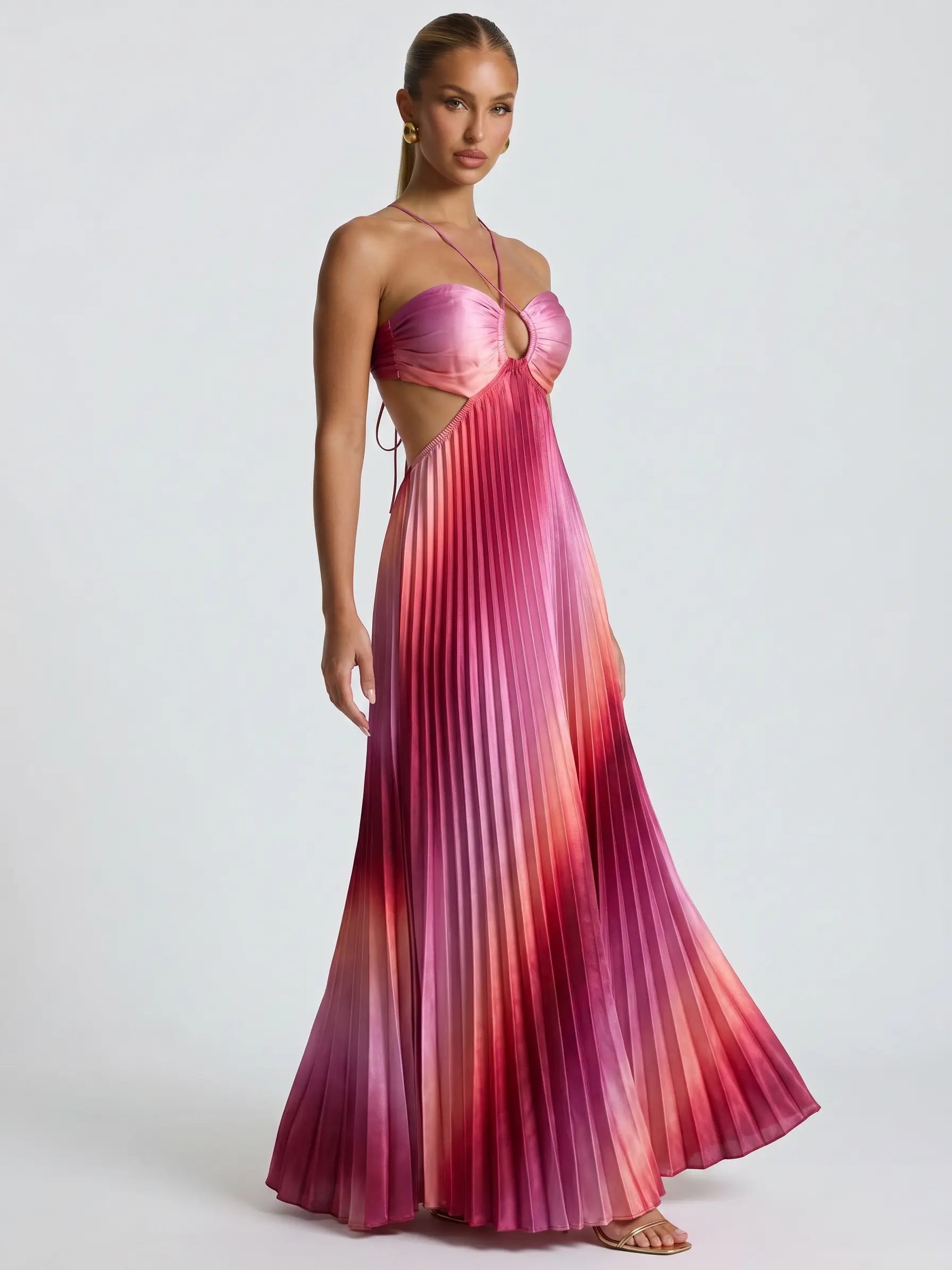 Likemychoice 2026 Ombre Pink Pleated Maxi Dress Halter Cut Out Vacation Dress for Women Casual Womenswear