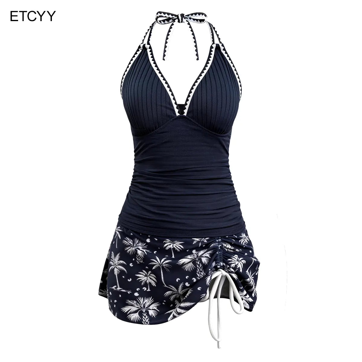 ETCYY Women'S 2-Piece Swimsuit: Navy Blue Tropical Halter Tankini with Side Tie Skirt | Textured Comfort Stretch Fabric,Summervibes