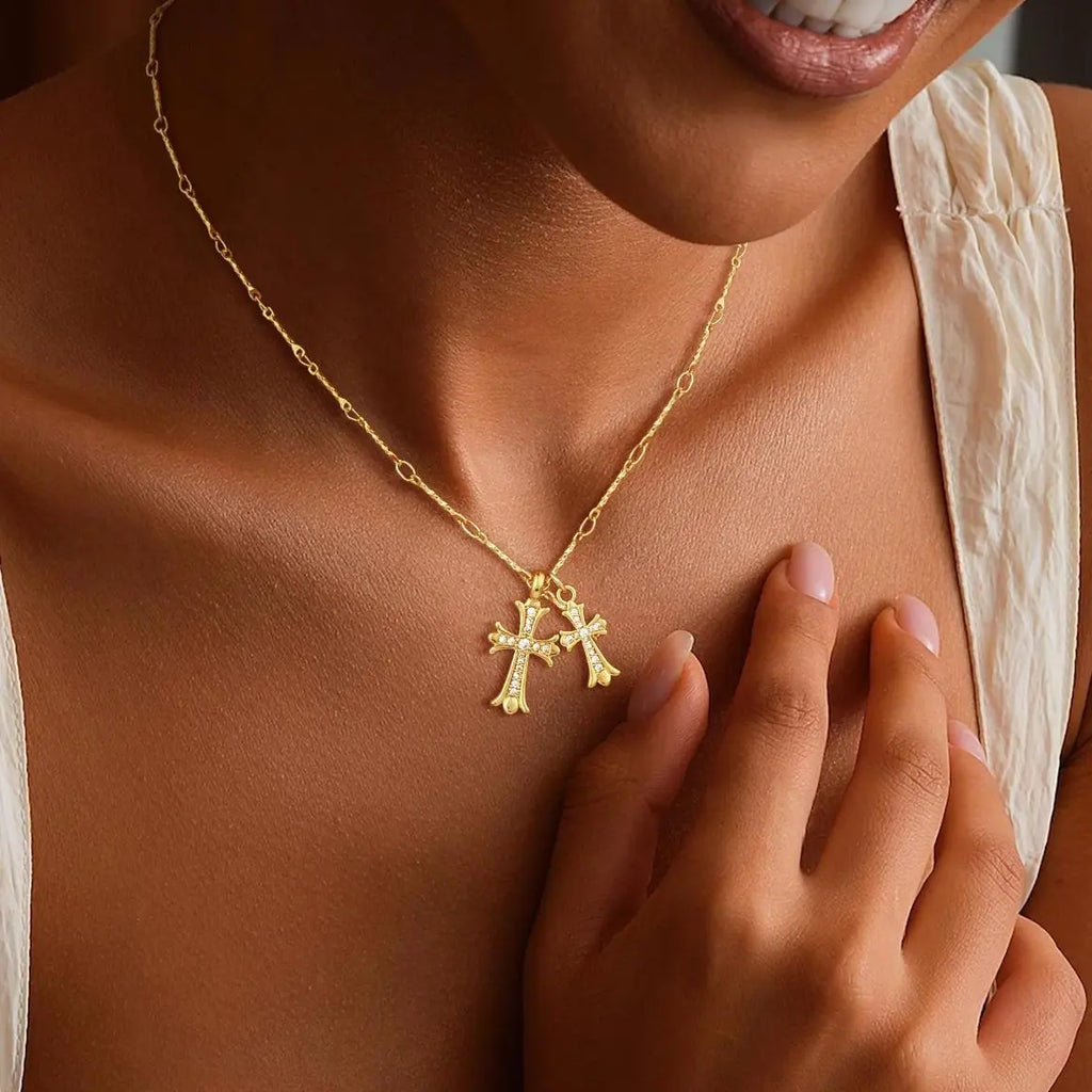 14K Gold Plated Double Cross Pendant Necklace with Cubic Zirconia Dainty Bamboo Link Chain Choker Delicate Faith Jewelry Religious Gifts for Women Men