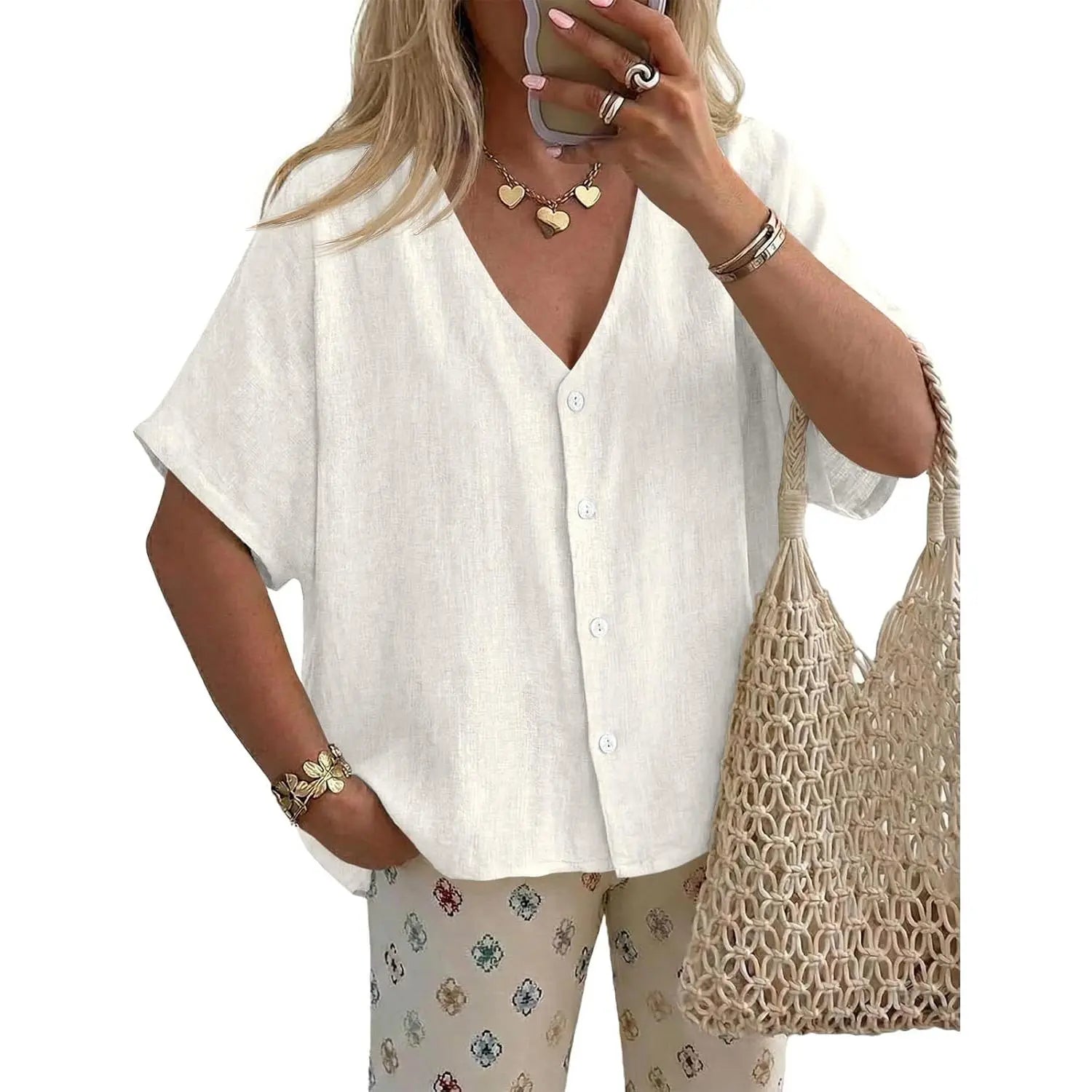 TANKANEO Women'S Short-Sleeve Batwing Blouse, Oversized V-Neck Button-Down Shirt, Lightweight Breathable Soft Relaxed-Fit Tops for Summer Casual Day Fashion, Pairable with Leggings