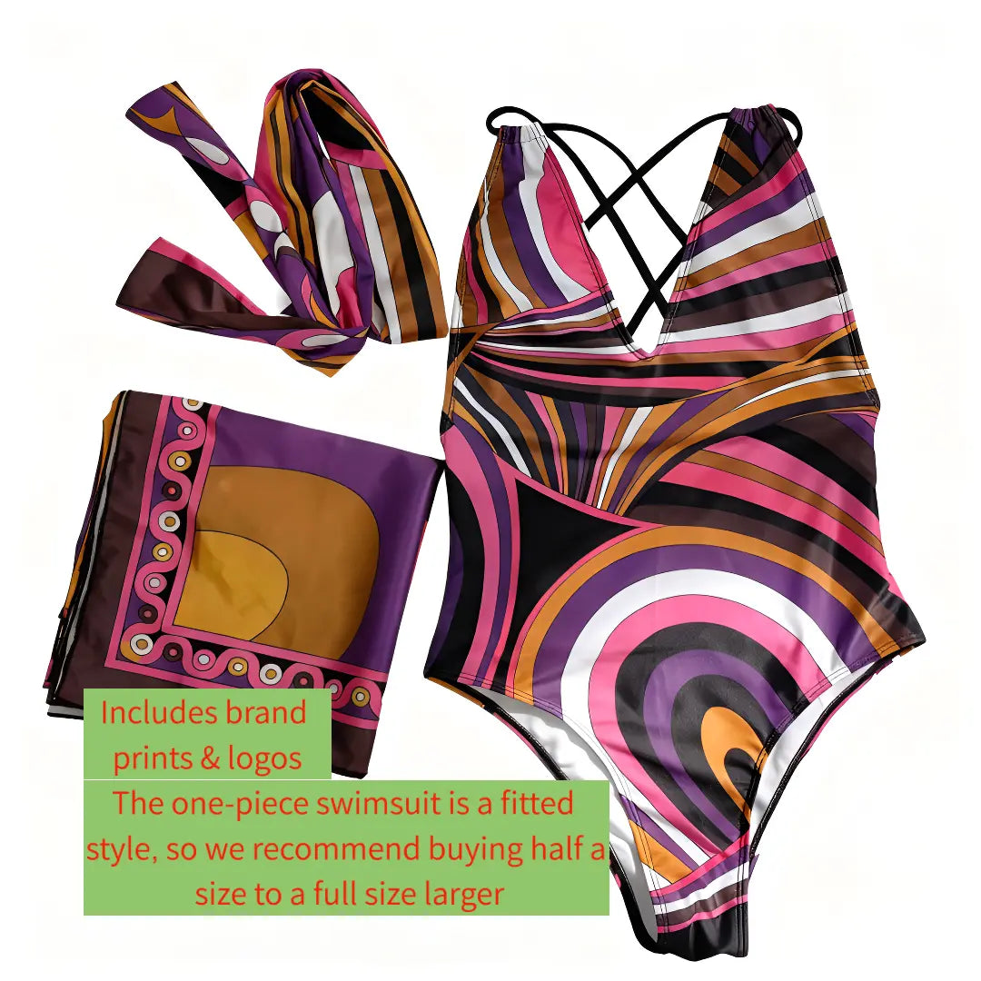 [Summervibes] XS-XL Luxury Women'S Floral Silk Three Piece Bikini Set - Bohemian Beach Swimwear with Scarf & Headband, Softsmoothadjustable Swimsuits for Women Summerbeach,Swimming Pool, Hot Spring Swimsuit