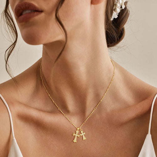 14K Gold Plated Double Cross Pendant Necklace with Cubic Zirconia Dainty Bamboo Link Chain Choker Delicate Faith Jewelry Religious Gifts for Women Men