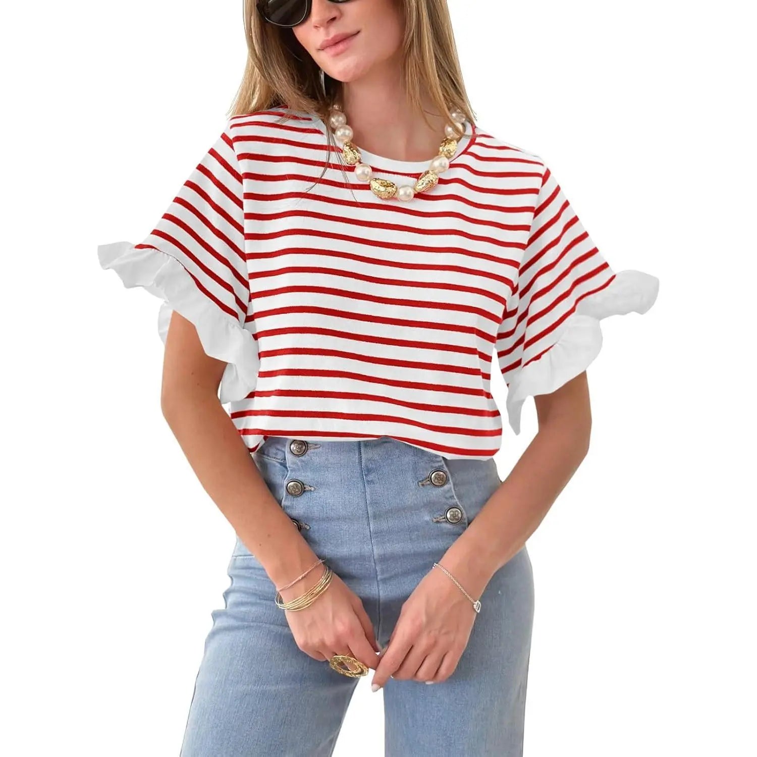 Imily Bela Women Striped Tops Ruffle Sleeve Casual Basic T Shirts Crewneck Short Sleeve Shirt Summer Outfit