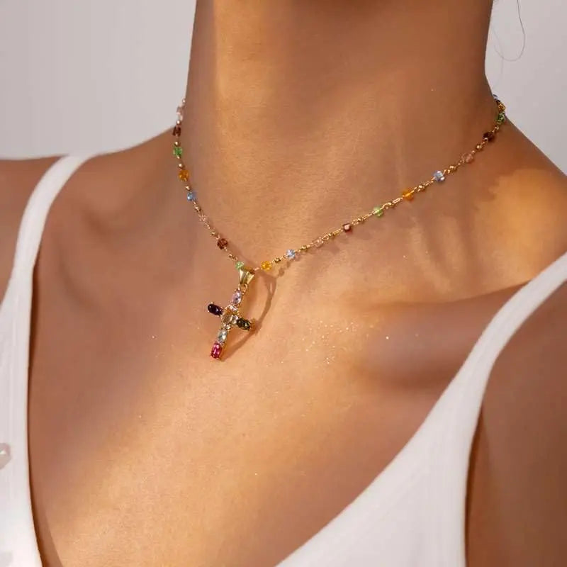 Rainbow Cross Pendant Necklace Colorful Shiny Rhinestones Charm Necklace Dainty Faith Cross Pendant Necklace Faith Christian Costume Accessories Jewelry for Women