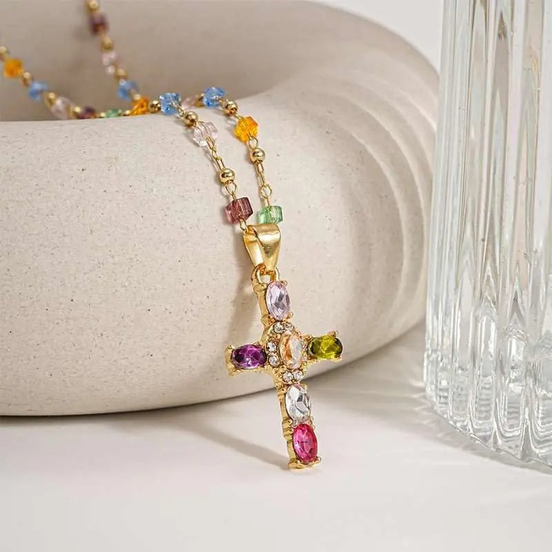 Rainbow Cross Pendant Necklace Colorful Shiny Rhinestones Charm Necklace Dainty Faith Cross Pendant Necklace Faith Christian Costume Accessories Jewelry for Women
