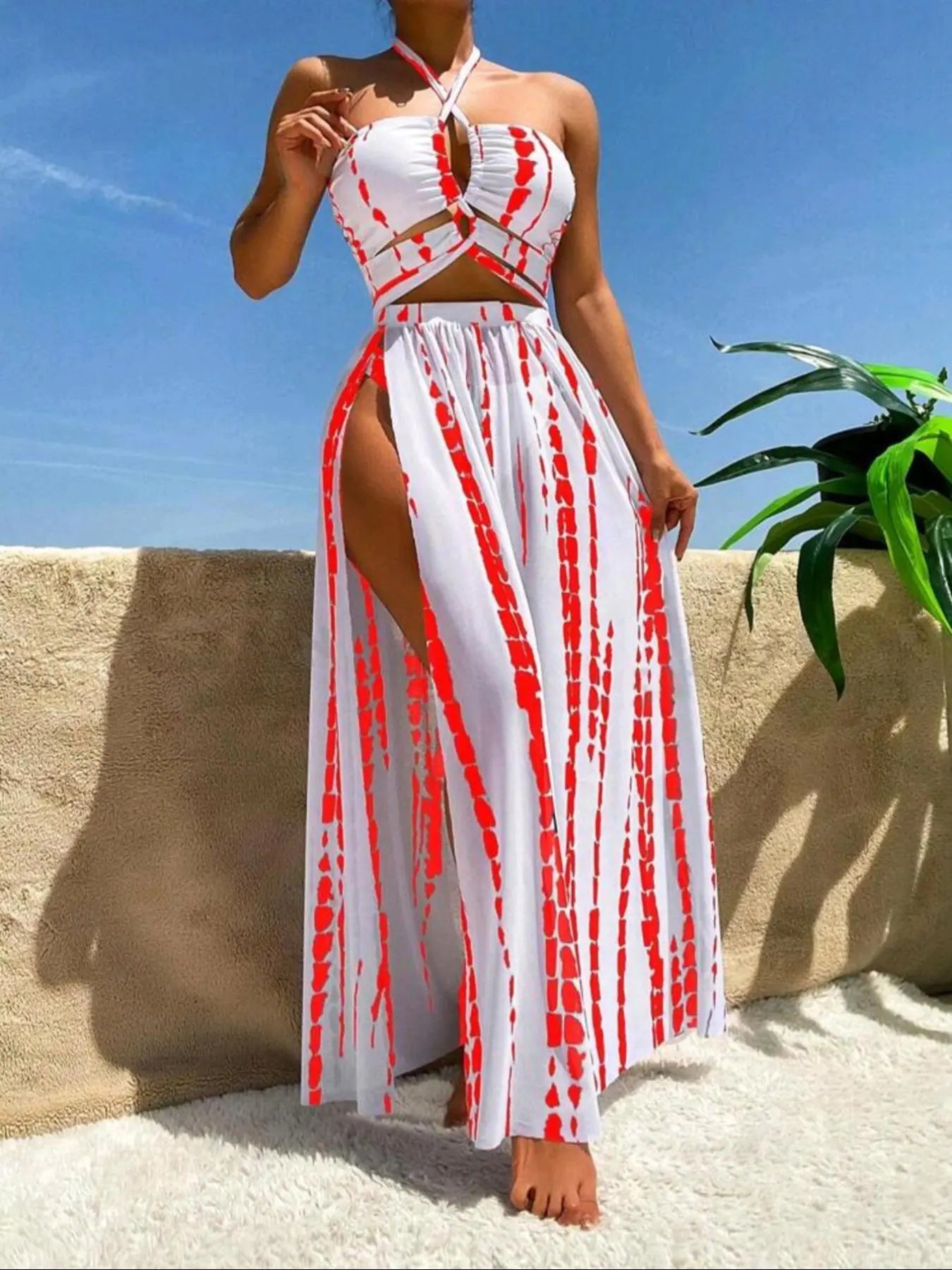 Three-Piece Set Women'S Tie Dye Print Criss Cross Swimsuit Set, Boho Halter Neck Swim Bra & Split Thigh Cover up Skirt & High Cut Swim Panty Set, Ladies Bikini Set for Summer Beach