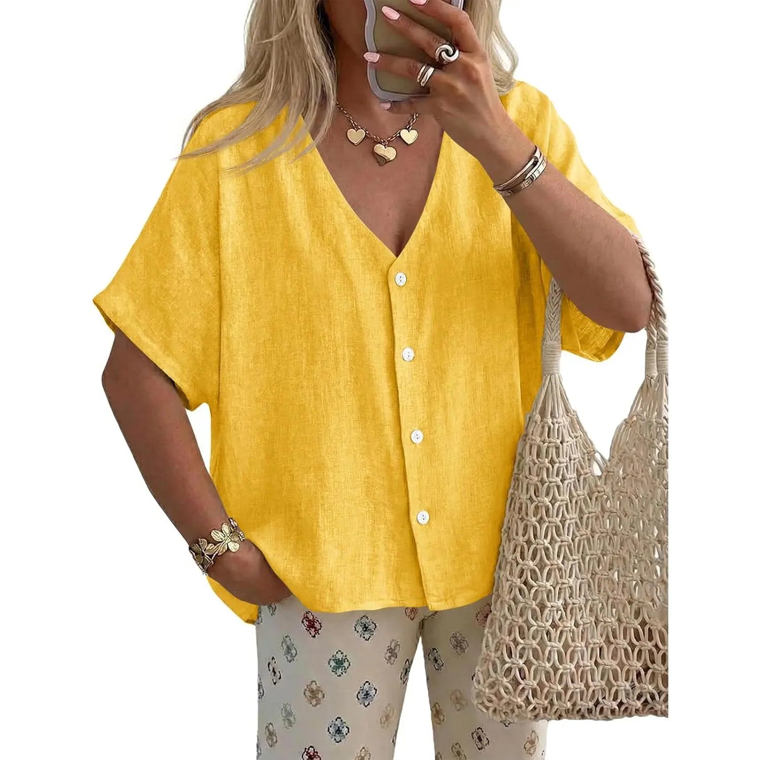 TANKANEO Women'S Short-Sleeve Batwing Blouse, Oversized V-Neck Button-Down Shirt, Lightweight Breathable Soft Relaxed-Fit Tops for Summer Casual Day Fashion, Pairable with Leggings