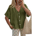 TANKANEO Women'S Short-Sleeve Batwing Blouse, Oversized V-Neck Button-Down Shirt, Lightweight Breathable Soft Relaxed-Fit Tops for Summer Casual Day Fashion, Pairable with Leggings