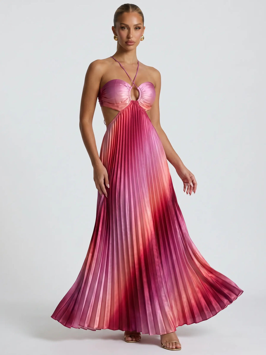Likemychoice 2026 Ombre Pink Pleated Maxi Dress Halter Cut Out Vacation Dress for Women Casual Womenswear