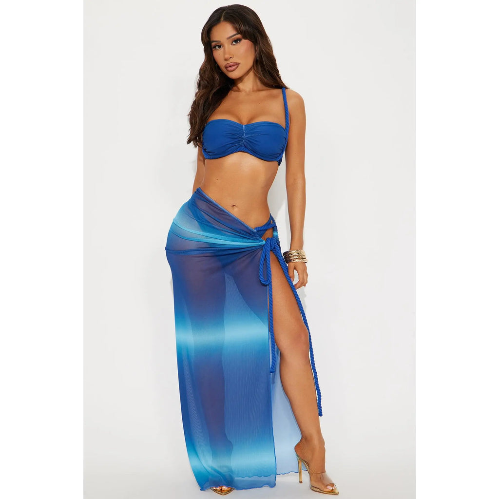 Celeste Rope 3 Piece Bikini Mesh Maxi Sarong Set - Blue/Combo