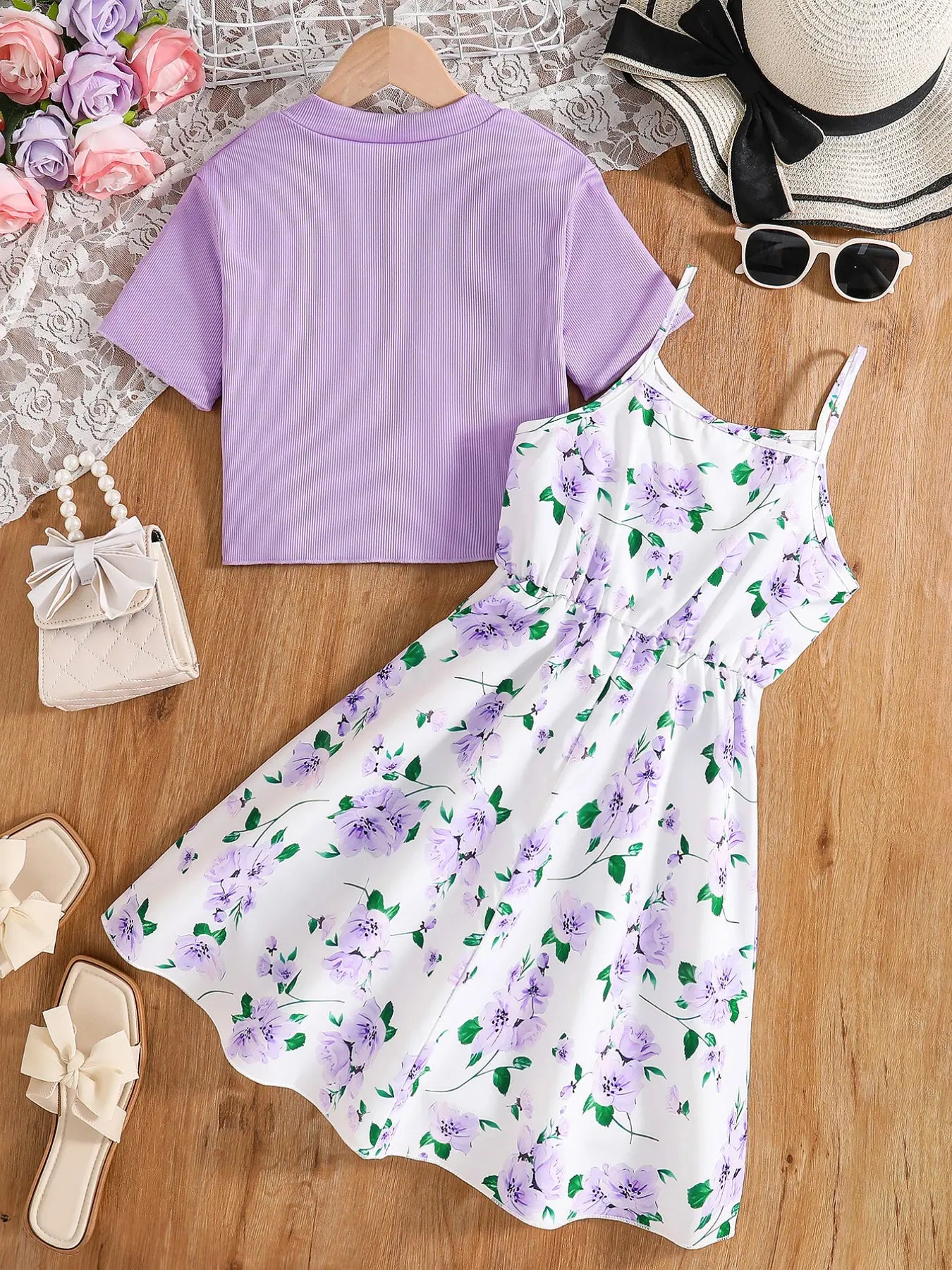 Girl'S Floral Print Dress & Short Sleeve Outerwear Set, Casual Outerwear & Ditsy Floral Dress, Summer Clothes for Kids, Floral Printed Dress, Floral Pattern Dress