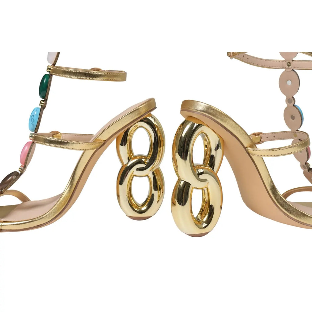 Women'S Gold High Heeled Sandals with Unique Sculpted 8-Shaped Heel, Colorful Gemstone Decor & Square Toe, Sexy Fashion Party Shoes