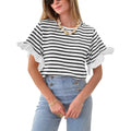 Imily Bela Women Striped Tops Ruffle Sleeve Casual Basic T Shirts Crewneck Short Sleeve Shirt Summer Outfit