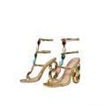 Women'S Gold High Heeled Sandals with Unique Sculpted 8-Shaped Heel, Colorful Gemstone Decor & Square Toe, Sexy Fashion Party Shoes