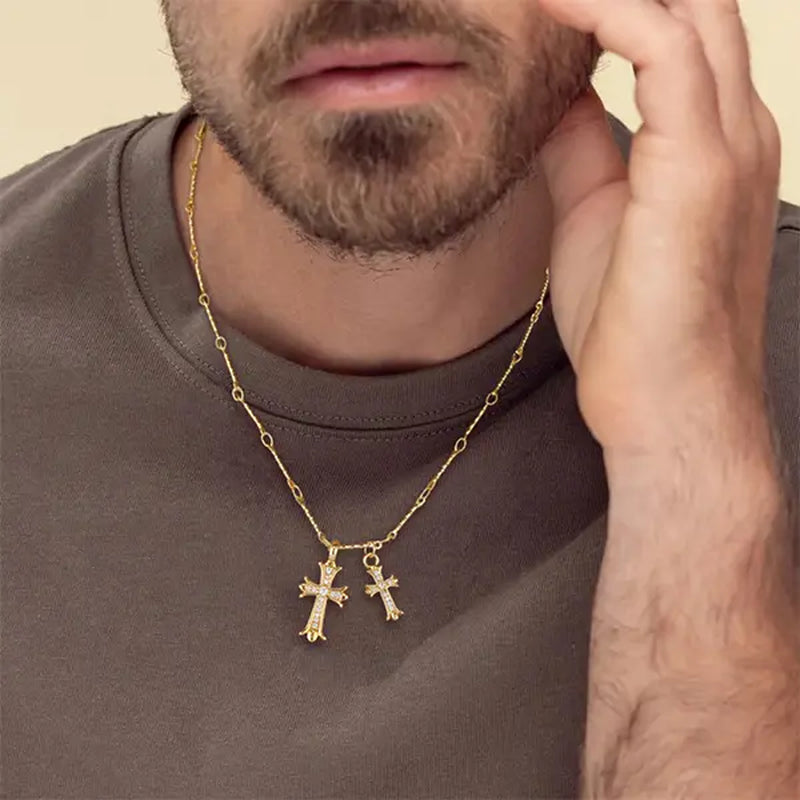 14K Gold Plated Double Cross Pendant Necklace with Cubic Zirconia Dainty Bamboo Link Chain Choker Delicate Faith Jewelry Religious Gifts for Women Men