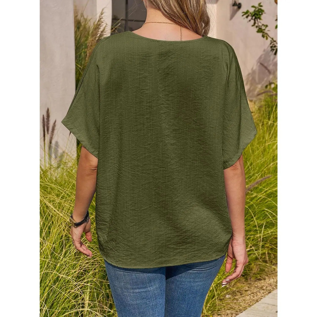 TANKANEO Women'S Short-Sleeve Batwing Blouse, Oversized V-Neck Button-Down Shirt, Lightweight Breathable Soft Relaxed-Fit Tops for Summer Casual Day Fashion, Pairable with Leggings