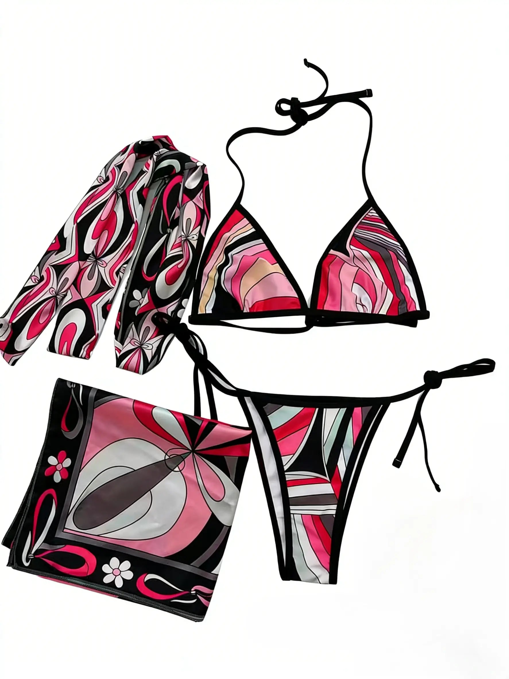 [Summervibes] XS-XL Luxury Women'S Floral Silk Three Piece Bikini Set - Bohemian Beach Swimwear with Scarf & Headband, Softsmoothadjustable Swimsuits for Women Summerbeach,Swimming Pool, Hot Spring Swimsuit