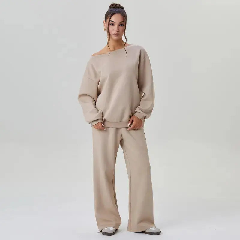 Women'S Leisure Solid Color off Shoulder Long Sleeve Top & Comfortable Wide Leg Trousers Basic Womenswear