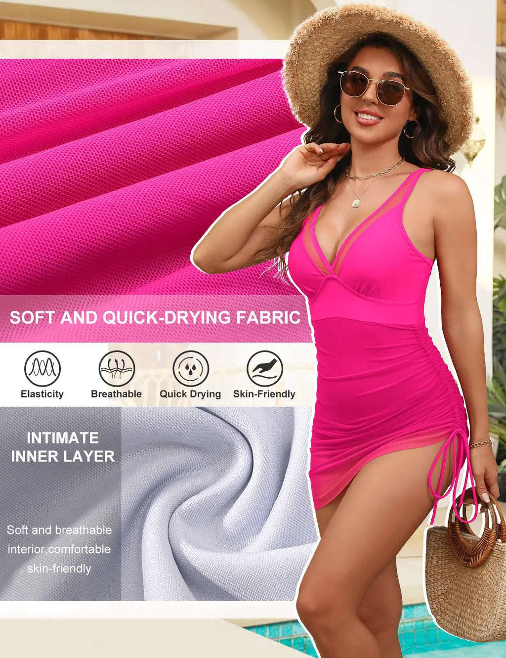 UMIPUBO Summer Womens One Piece Swimsuit Tummy Control Bathing Suit V Neck Slimming Swimwear Sheer Mesh Swim Dress Sarong Wraps High Waist Swimwsuit for Beachwear