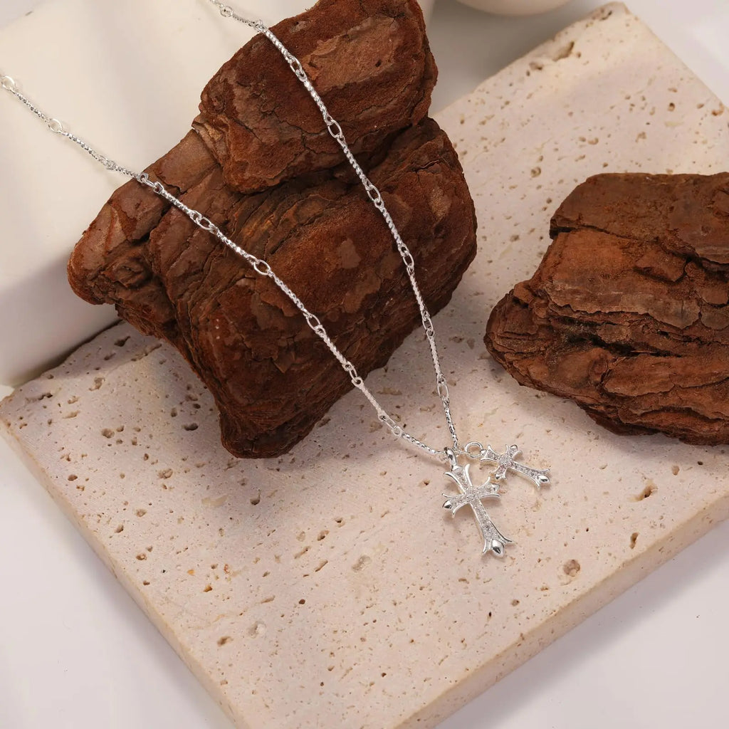 14K Gold Plated Double Cross Pendant Necklace with Cubic Zirconia Dainty Bamboo Link Chain Choker Delicate Faith Jewelry Religious Gifts for Women Men