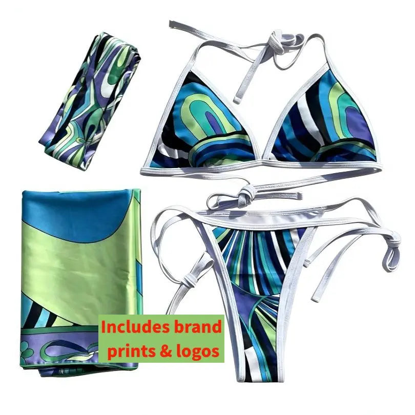 [Summervibes] XS-XL Luxury Women'S Floral Silk Three Piece Bikini Set - Bohemian Beach Swimwear with Scarf & Headband, Softsmoothadjustable Swimsuits for Women Summerbeach,Swimming Pool, Hot Spring Swimsuit