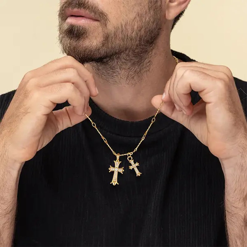 14K Gold Plated Double Cross Pendant Necklace with Cubic Zirconia Dainty Bamboo Link Chain Choker Delicate Faith Jewelry Religious Gifts for Women Men