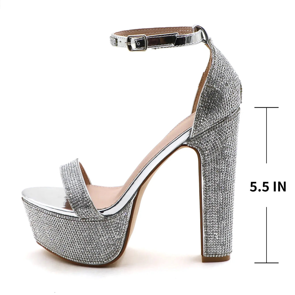 Rhinestone Platform High Heels for Women - 5.5 Inch Chunky Open Toe Ankle Strap Sandals in Silver, Comfortable Sparkly Bling Footwear for Elegant Evening Wear