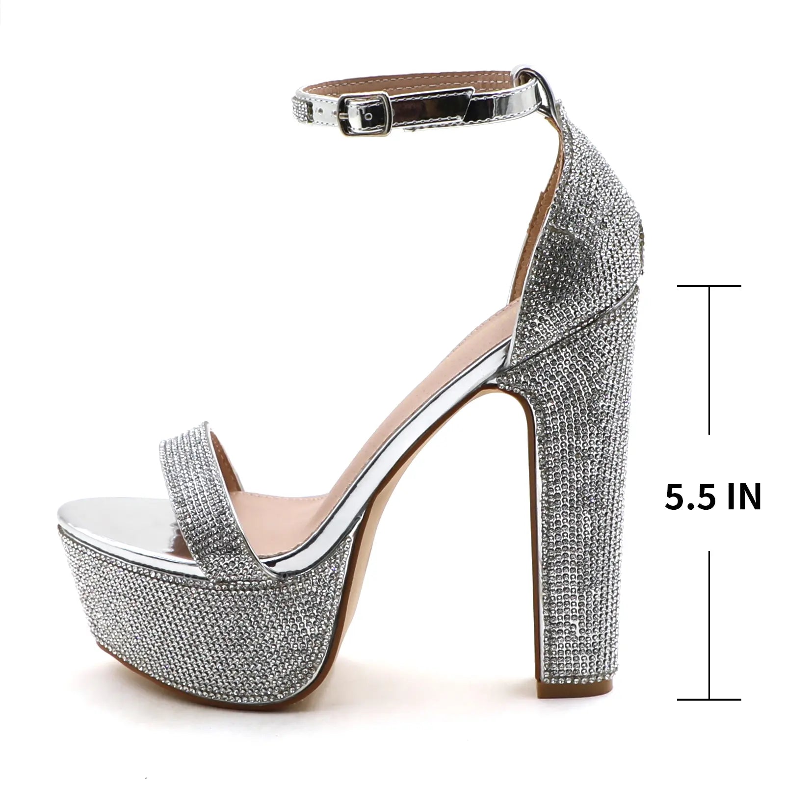 Rhinestone Platform High Heels for Women - 5.5 Inch Chunky Open Toe Ankle Strap Sandals in Silver, Comfortable Sparkly Bling Footwear for Elegant Evening Wear