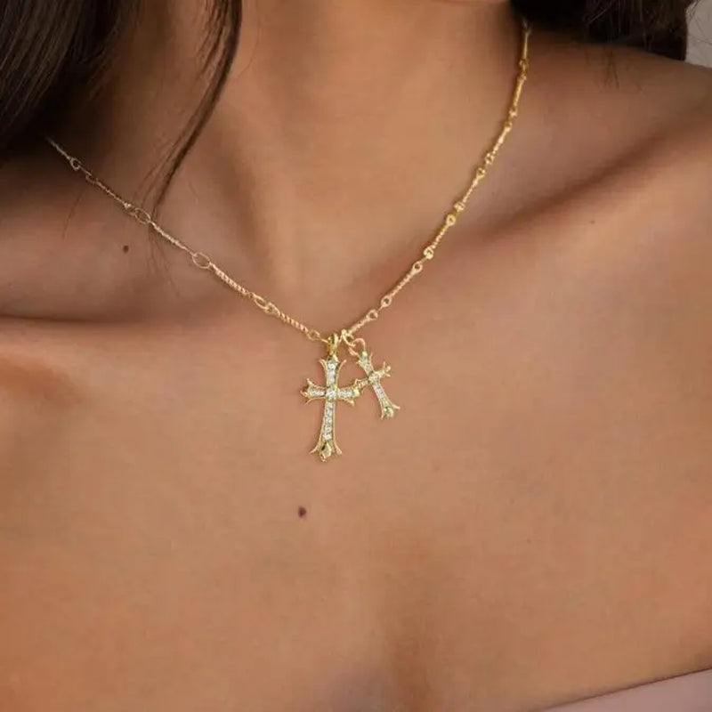 14K Gold Plated Double Cross Pendant Necklace with Cubic Zirconia Dainty Bamboo Link Chain Choker Delicate Faith Jewelry Religious Gifts for Women Men