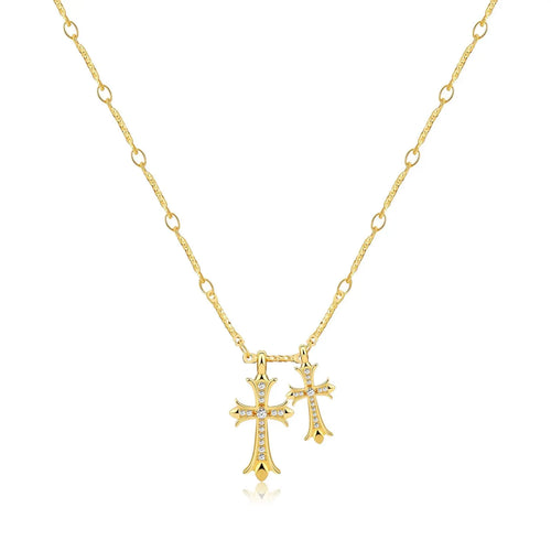 14K Gold Plated Double Cross Pendant Necklace with Cubic Zirconia Dainty Bamboo Link Chain Choker Delicate Faith Jewelry Religious Gifts for Women Men