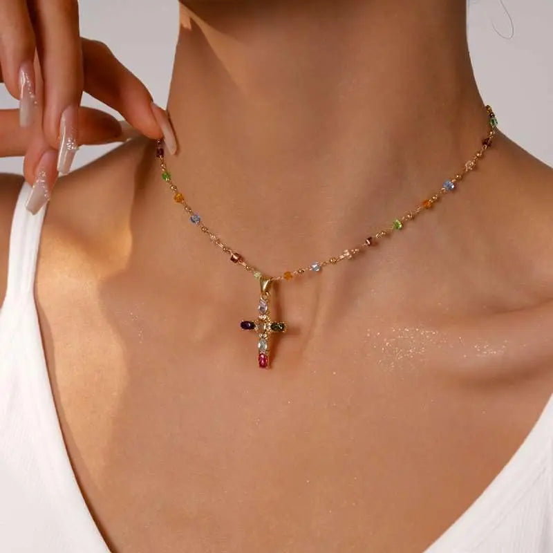 Rainbow Cross Pendant Necklace Colorful Shiny Rhinestones Charm Necklace Dainty Faith Cross Pendant Necklace Faith Christian Costume Accessories Jewelry for Women
