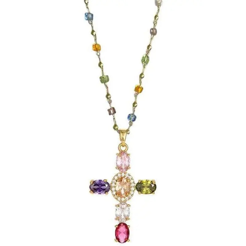 Rainbow Cross Pendant Necklace Colorful Shiny Rhinestones Charm Necklace Dainty Faith Cross Pendant Necklace Faith Christian Costume Accessories Jewelry for Women