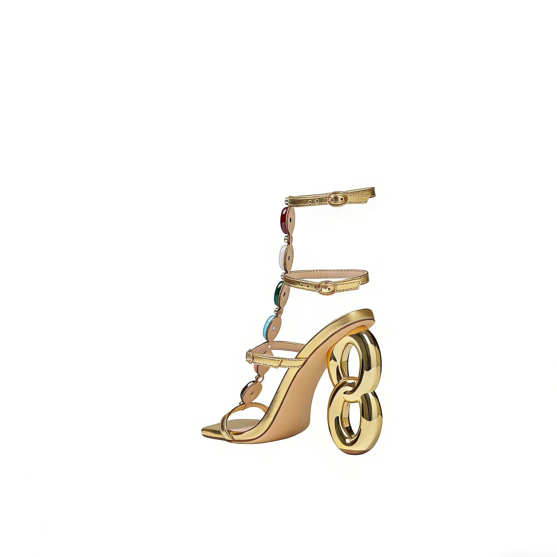 Women'S Gold High Heeled Sandals with Unique Sculpted 8-Shaped Heel, Colorful Gemstone Decor & Square Toe, Sexy Fashion Party Shoes