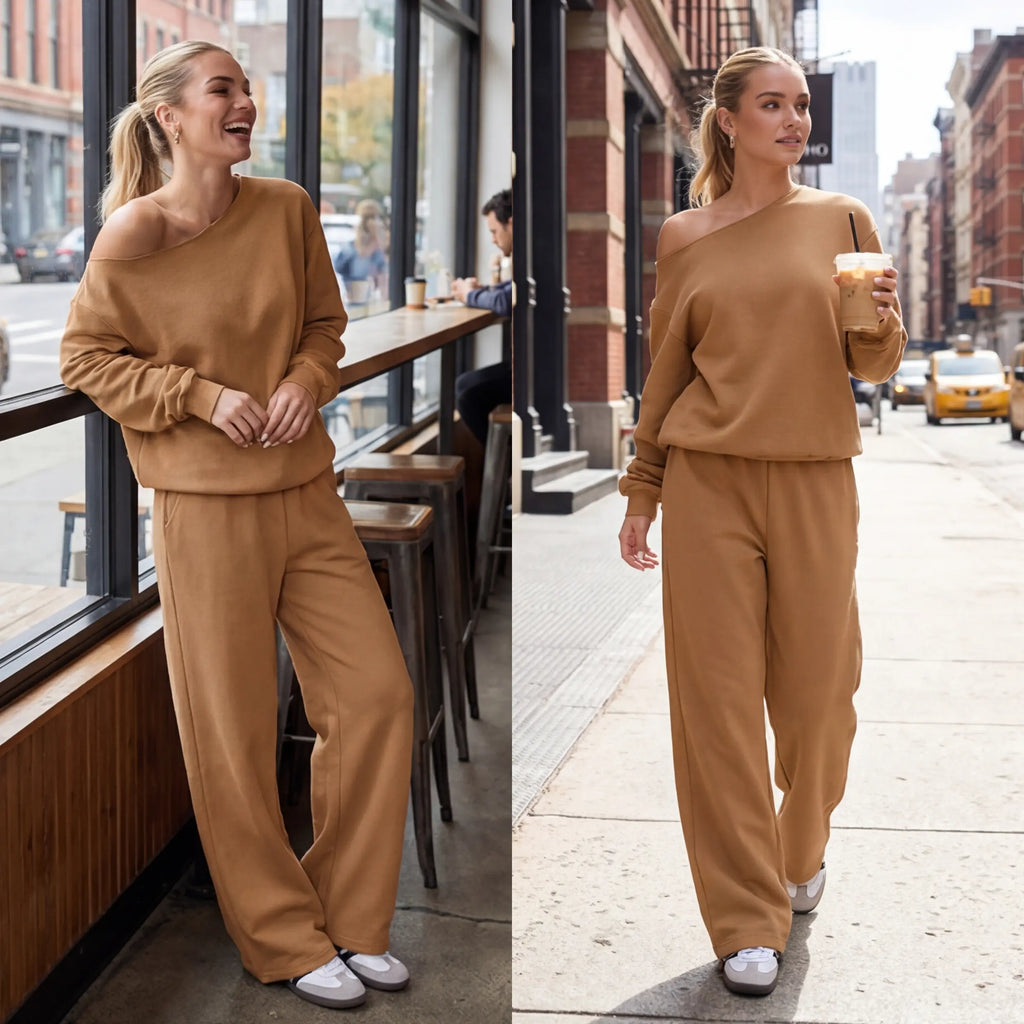 Women'S Leisure Solid Color off Shoulder Long Sleeve Top & Comfortable Wide Leg Trousers Basic Womenswear
