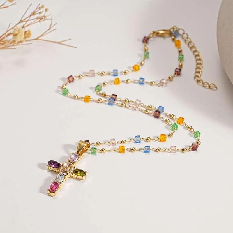 Rainbow Cross Pendant Necklace Colorful Shiny Rhinestones Charm Necklace Dainty Faith Cross Pendant Necklace Faith Christian Costume Accessories Jewelry for Women