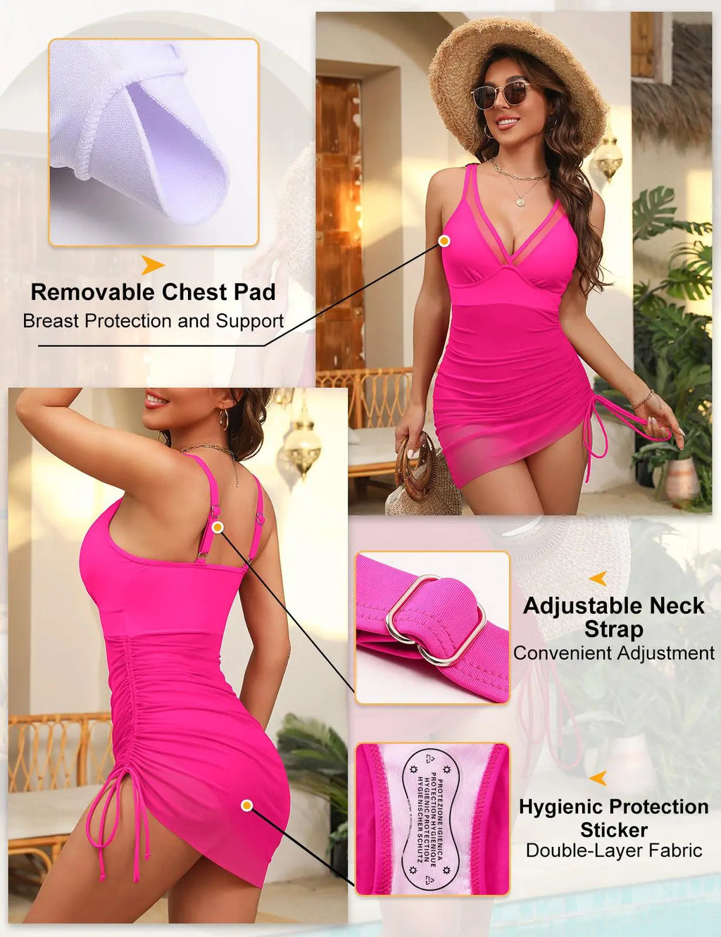 UMIPUBO Summer Womens One Piece Swimsuit Tummy Control Bathing Suit V Neck Slimming Swimwear Sheer Mesh Swim Dress Sarong Wraps High Waist Swimwsuit for Beachwear