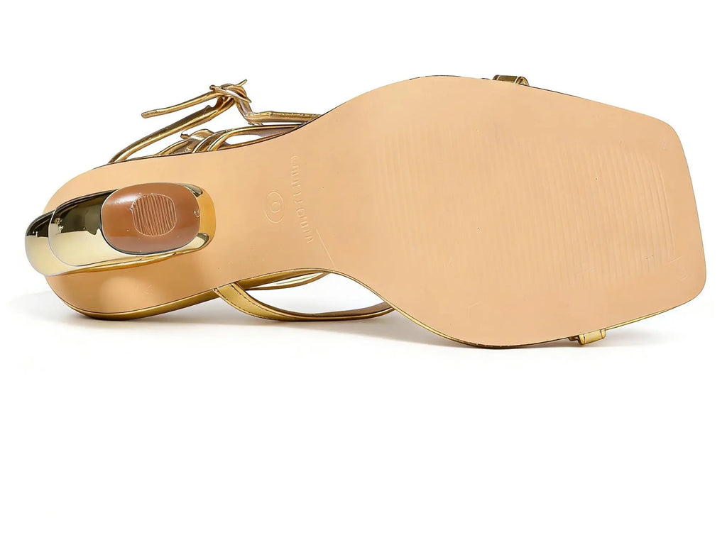 Women'S Gold High Heeled Sandals with Unique Sculpted 8-Shaped Heel, Colorful Gemstone Decor & Square Toe, Sexy Fashion Party Shoes
