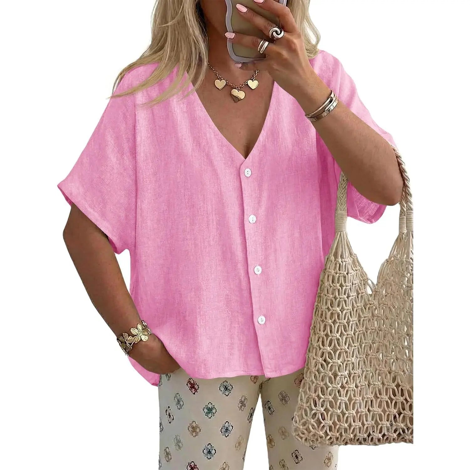 TANKANEO Women'S Short-Sleeve Batwing Blouse, Oversized V-Neck Button-Down Shirt, Lightweight Breathable Soft Relaxed-Fit Tops for Summer Casual Day Fashion, Pairable with Leggings