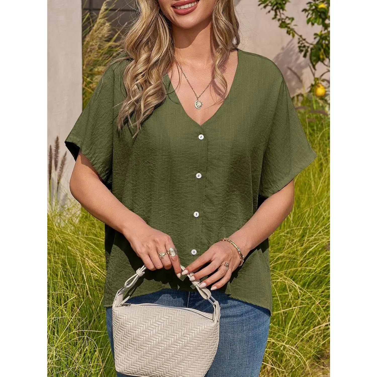 TANKANEO Women'S Short-Sleeve Batwing Blouse, Oversized V-Neck Button-Down Shirt, Lightweight Breathable Soft Relaxed-Fit Tops for Summer Casual Day Fashion, Pairable with Leggings