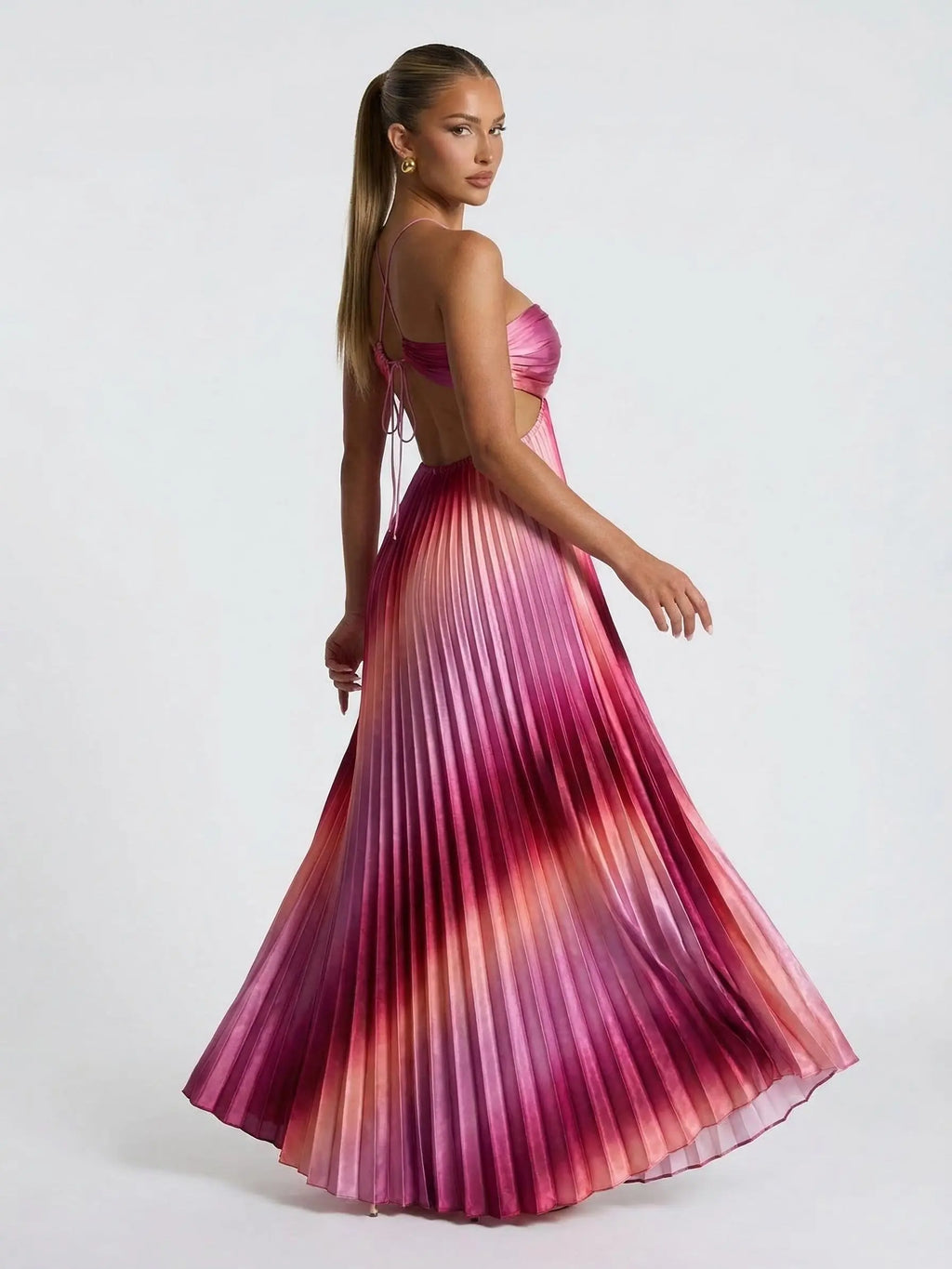 Likemychoice 2026 Ombre Pink Pleated Maxi Dress Halter Cut Out Vacation Dress for Women Casual Womenswear